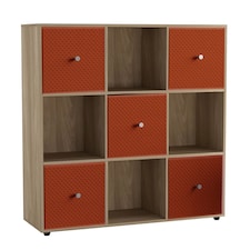 9 Cube Wooden Bookcase Shelving Unit with 5 Collapsible Fabric Drawers | Multi | Oak & Orange | 1