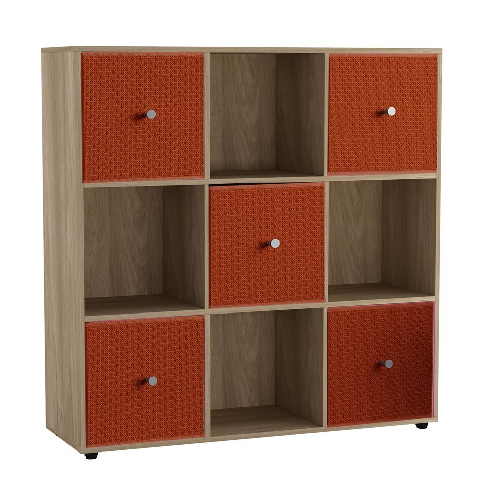 image 1 of 9 Cube Wooden Bookcase Shelving Unit with 5 Collapsible Fabric Drawers | Multi | Oak & Orange | 1
