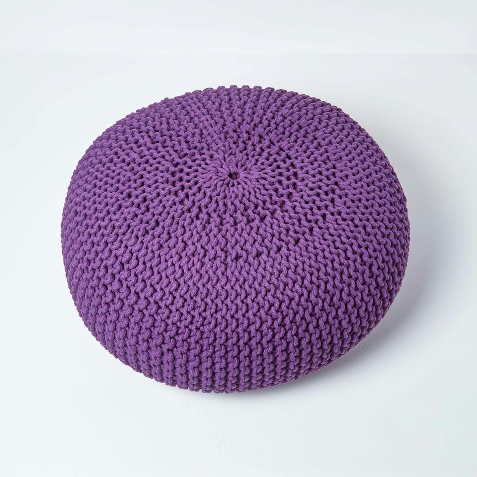 image 1 of Homescapes Deep Purple Large Round Cotton Knitted Pouffe Footstool