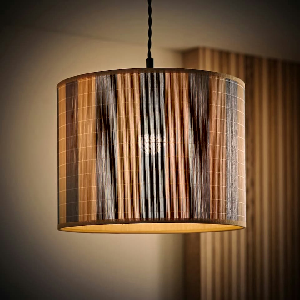 image 1 of ValueLights Lori Blue Stripe Bamboo Drum Ceiling Lamp Shade Blue