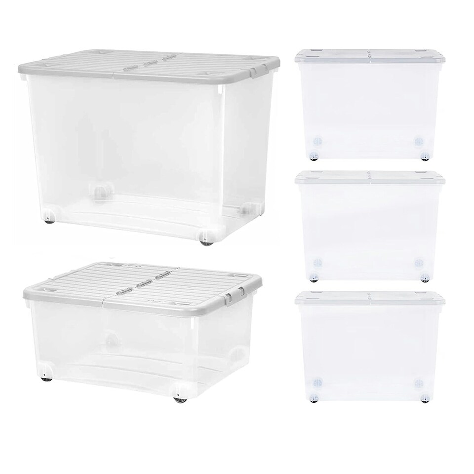 image 1 of 3 x 30L Clear Plastic Stackable Wheeled Storage Containers With Folding Split Lids Clear