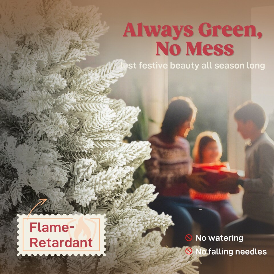 image 1 of HOMCOM 6ft Snow Flocked Christmas Tree with Realistic Tips, Wide Hinged Xmas Tree with Foldable Metal Stand, Easy Assembly for Home Decor | Green