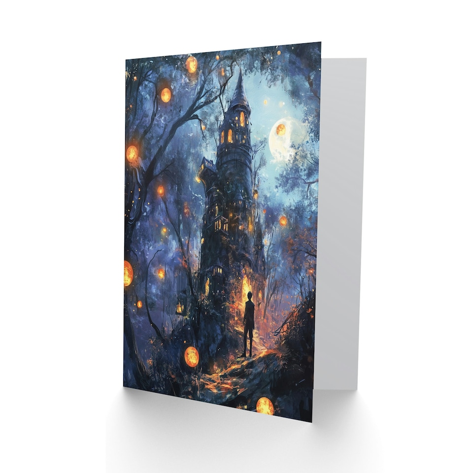 image 1 of Man By Witch House Dark Forest Fantasy Art Birthday Greeting Card