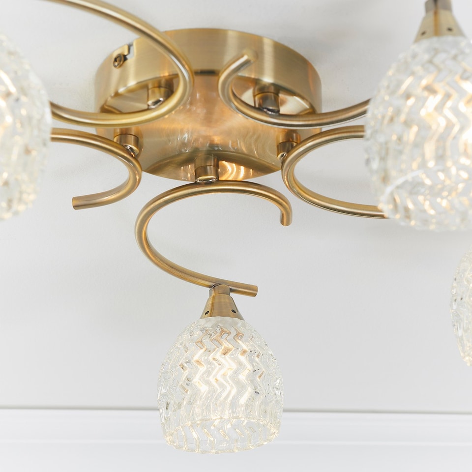 image 1 of Boyer 5 Light Semi Flush Multi Arm Ceiling Light Antique Brass, Glass, G9