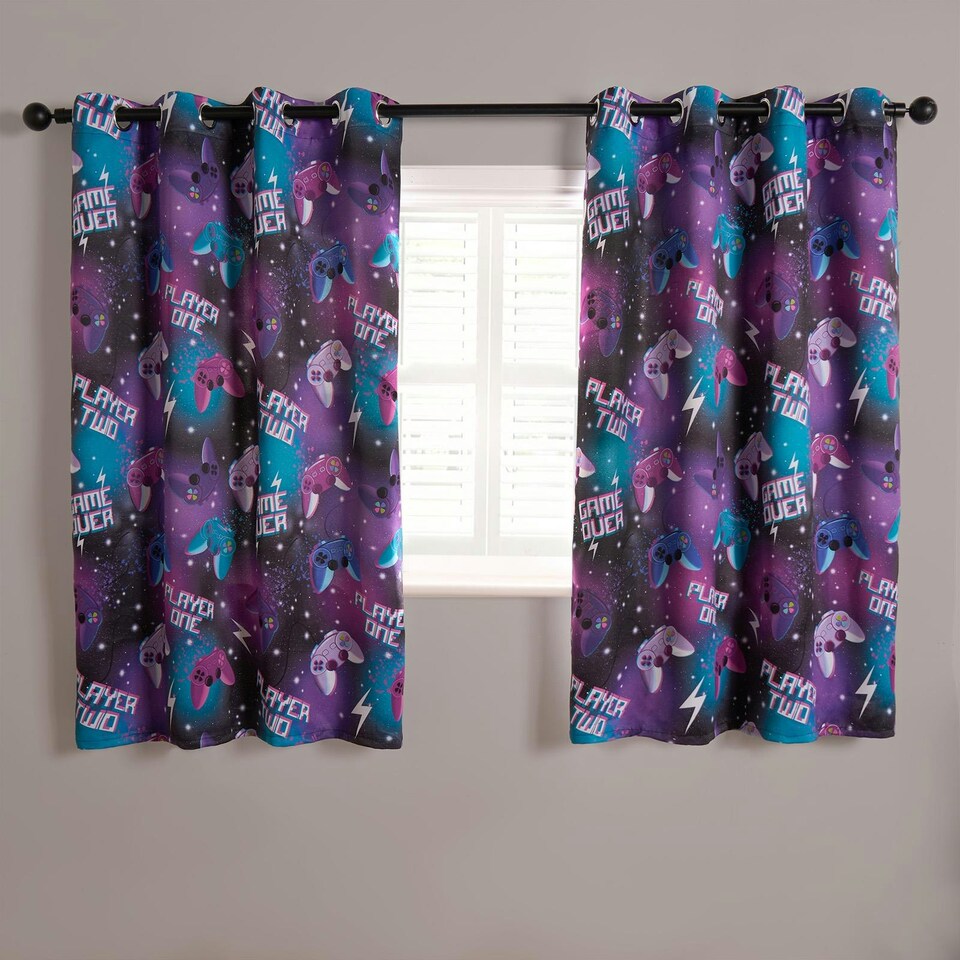 image 1 of OHS Kids Gaming Blackout Eyelet Curtains Ring Top Ready Made Panel Pair, 46x72" Purple | Neon Purple