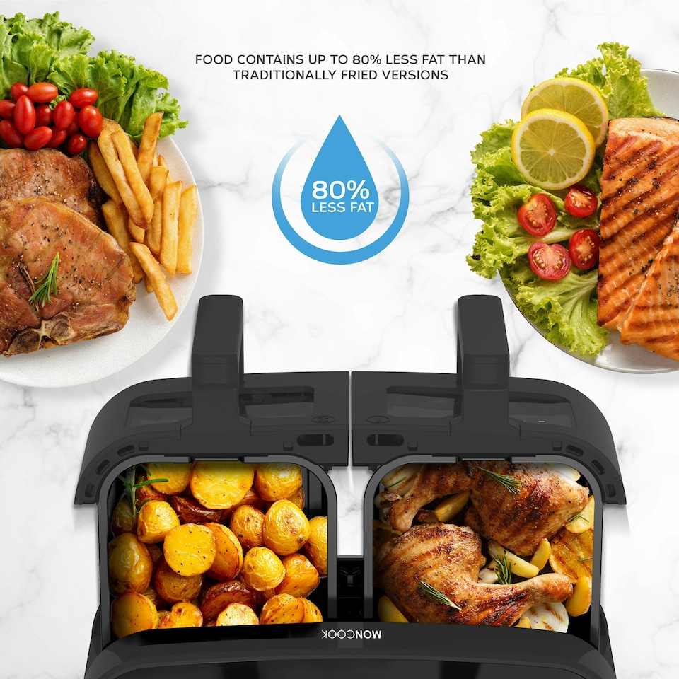 image 1 of MONCOOK Dual Air Fryer - 12 In 1 Dual Airfryer 9L With 2 x 4.5L Baskets - 50 Recipe Cookbook - Digital LED Display - Viewing Glass