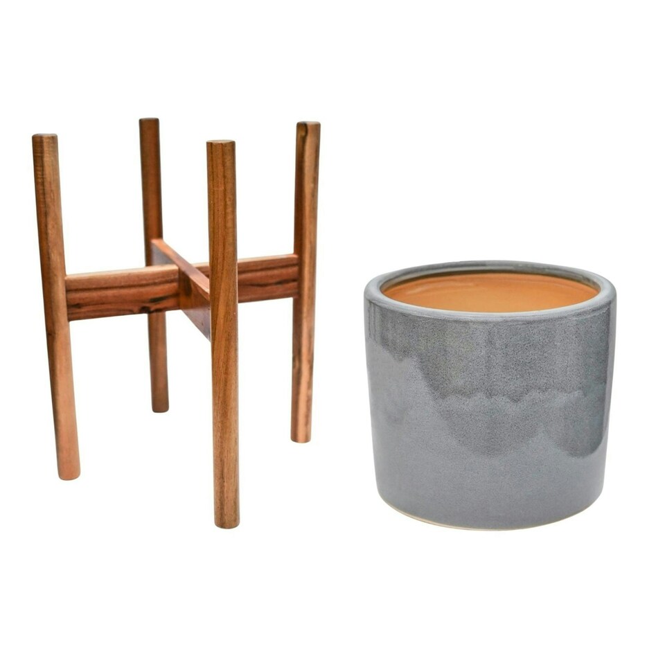 image 1 of Anzio Planter with Wooden Stand - Ceramic - L24 x W24 x H38.5 cm - Warm Grey | Grey