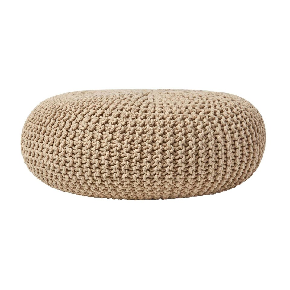 image 1 of Homescapes Linen Large Round Cotton Knitted Pouffe Footstool