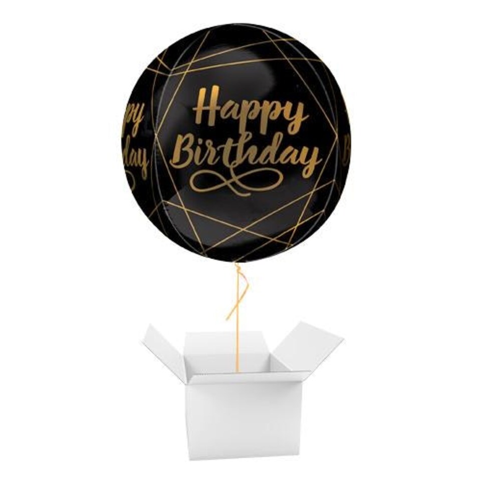 Elegant Black & Gold Happy Birthday Orbz Foil Helium Balloon - Inflated Balloon in a Box Black
