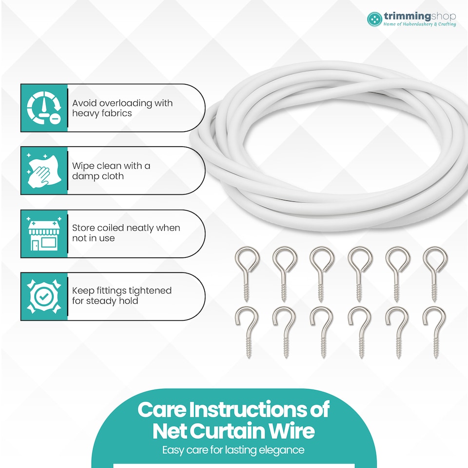 image 1 of White Net Curtain Wire & Hook Set, 2m Curtain Cord with 6 Hooks & 6 Eyes
