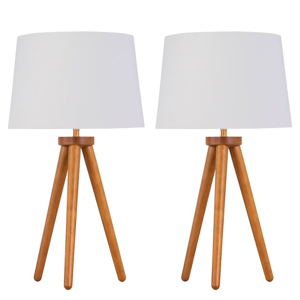 image 1 of Set of 2 Dark Oak Table Lamp or Bedside Lights with White Gold Shades | Brown | White | Large | 2