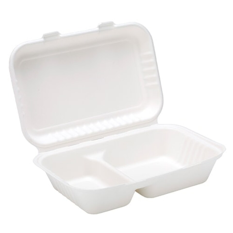 image 1 of White Compostable Bagasse 2 Compartment Takeaway Lunch Box 25cm - Pack of 25