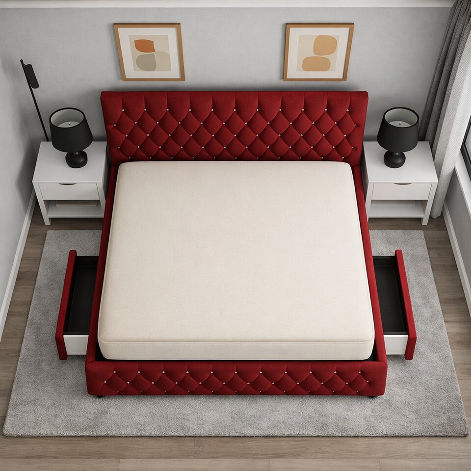image 1 of Maroon chesterfield double 4ft6 divan bed with headboard and footboard set  No Drawers