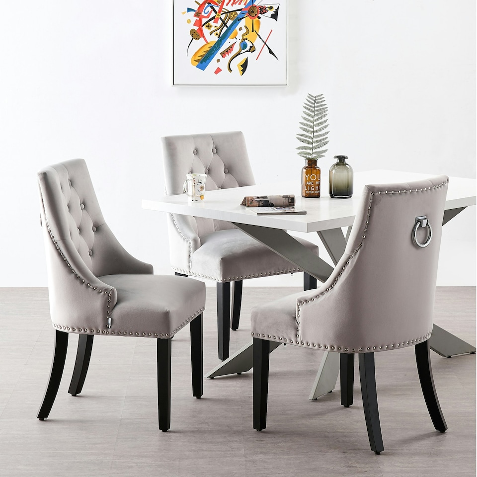 image 1 of Set of 6 Velvet Dining Chairs Ergonomic Scoop Knockerback & Button Tufted Wood Legs Grey | Light Grey