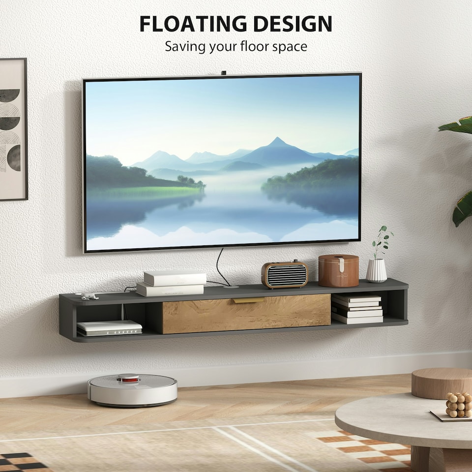 image 1 of HOMCOM 140 cm Floating TV Unit with Storage Entertainment Media Console Grey 