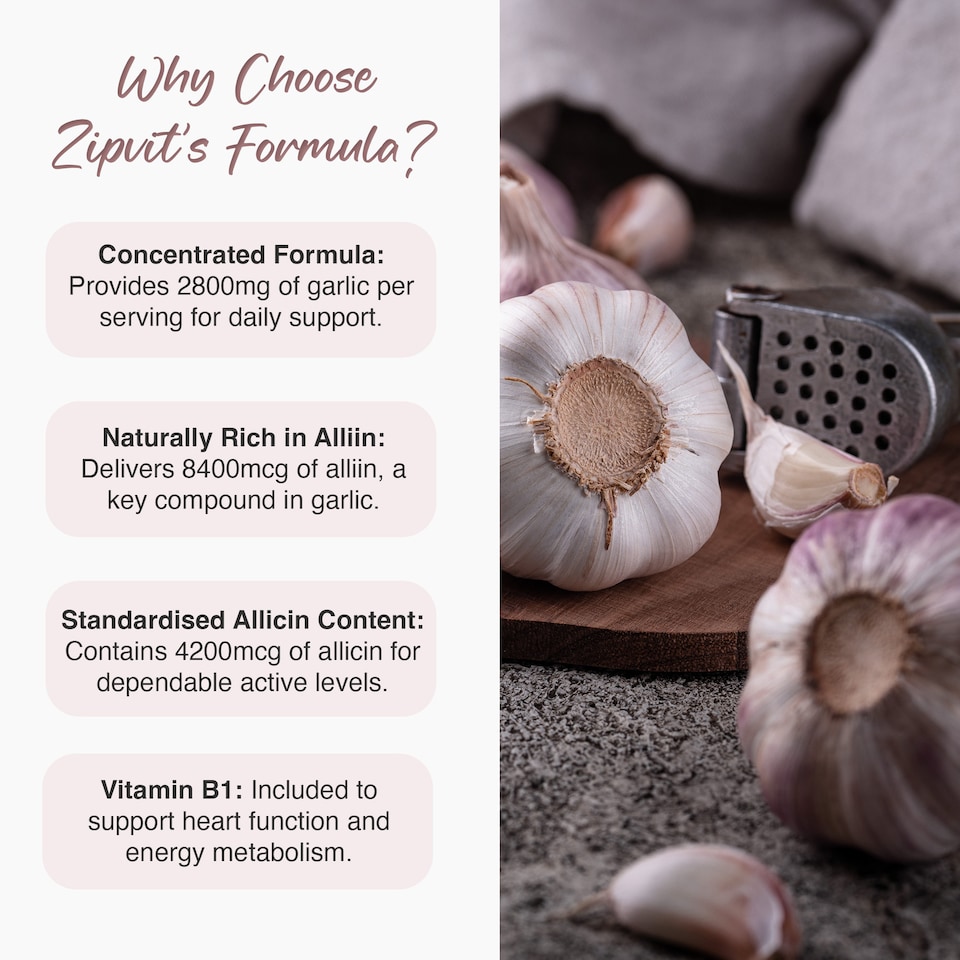 image 1 of Zipvit Garlic 2800mg with Vitamin B1, Heart & Energy Support, Provides Alliin & Allicin, 180 Vegan Tablets, 3-Month Supply