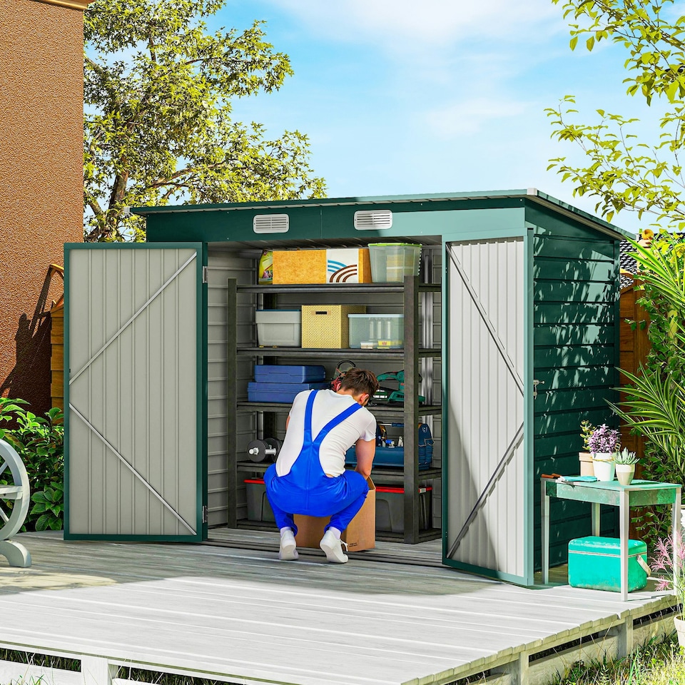 image 1 of Outsunny 8 x 4FT Garden Shed, Galvanised Metal Shed, Easy to Assemble, Outdoor Tool Storage Shed with Pent Roof, Lockable Door and 2 Vents, Grey