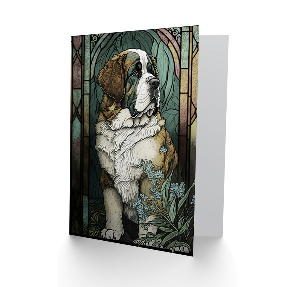image 1 of Dog Lover St Bernard with Flowers Modern Art Nouveau Greeting Card