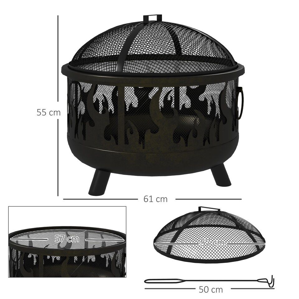 image 1 of Outsunny Metal Firepit Bowl Outdoor 2-In-1 Round Fire Pit with Lid, Grill, Poker, Handles for Garden, Camping, BBQ, Bonfire, Wood Burning Stove, 61.5 x 61.5 x 52cm, Black