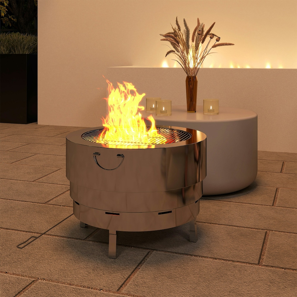 image 1 of Outsunny Round Fire Pit with Grill Net, Stainless Steel Firepit, Silver
