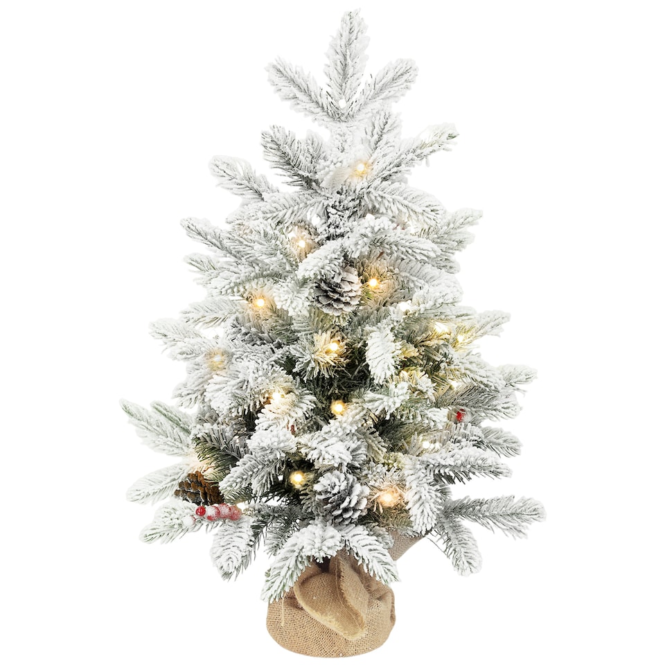 image 1 of HOMCOM 60 cm Prelit Small Christmas Tree with 35 LED Lights, Snow Flocked Tabletop Mini Xmas Tree with Pine Cones, Berry Clusters and Linen Cover Base, Battery Operated, Green