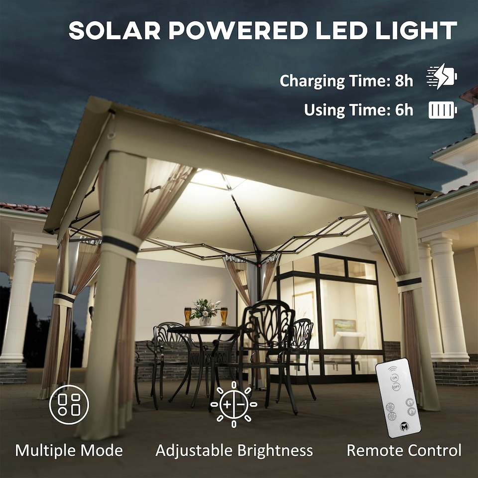 image 1 of Outsunny 3.36x3.36m Pop Up Gazebo w/ Solar-Powered LED Lights Netting Khaki