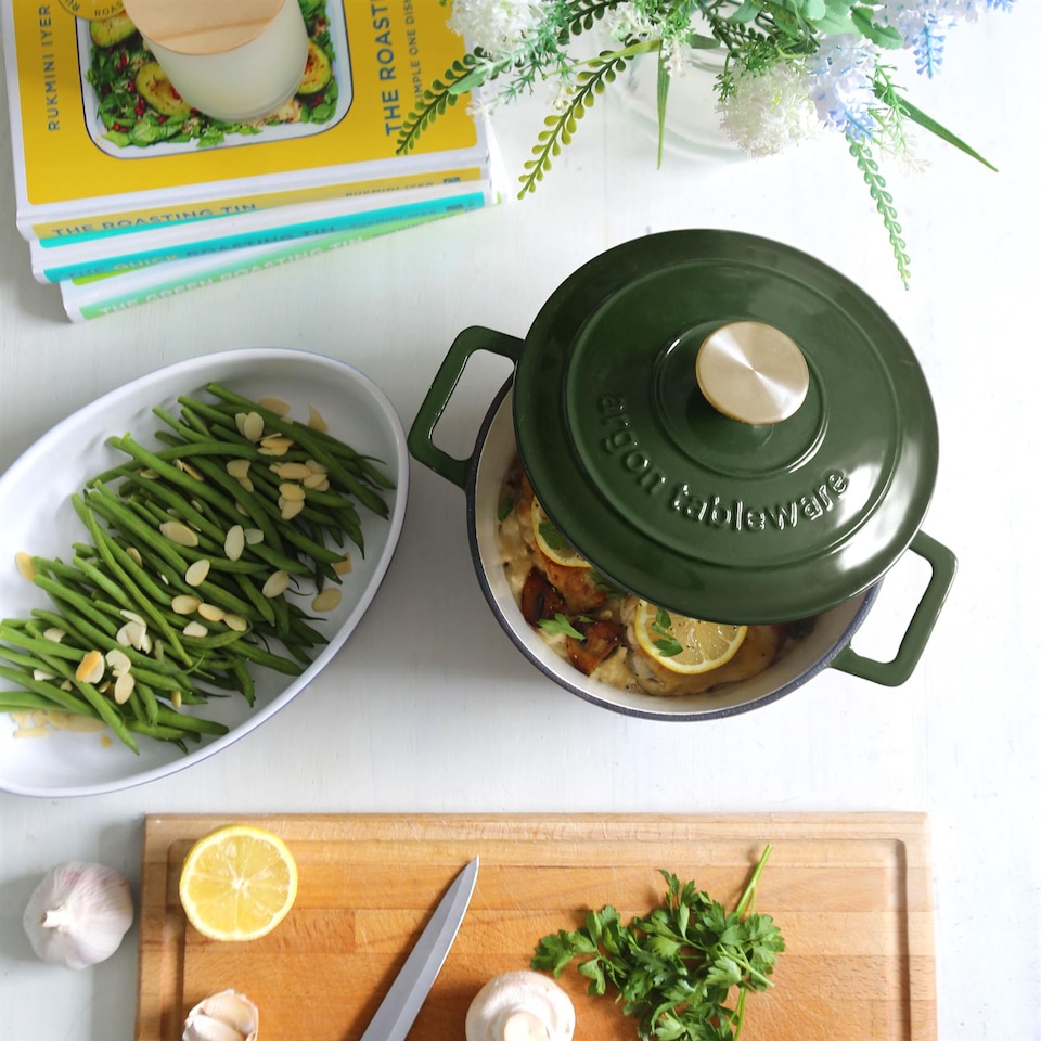 image 1 of Argon Tableware 2.8L Round Cast Iron Casserole Dish with Self-Basting Lid - 2.95QT Dutch Oven Roasting Dish Pot | Green | Green | 1