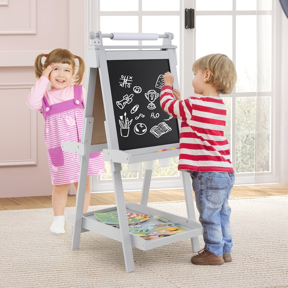 image 1 of COSTWAY Foldable Easel Kids 3-in-1 Double-sided Art Easel w/Chalkboard-Grey