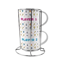 Retro Player 1 & Player 2 Stacking Mug Set - Arcade Gaming Drinkware Gift | White