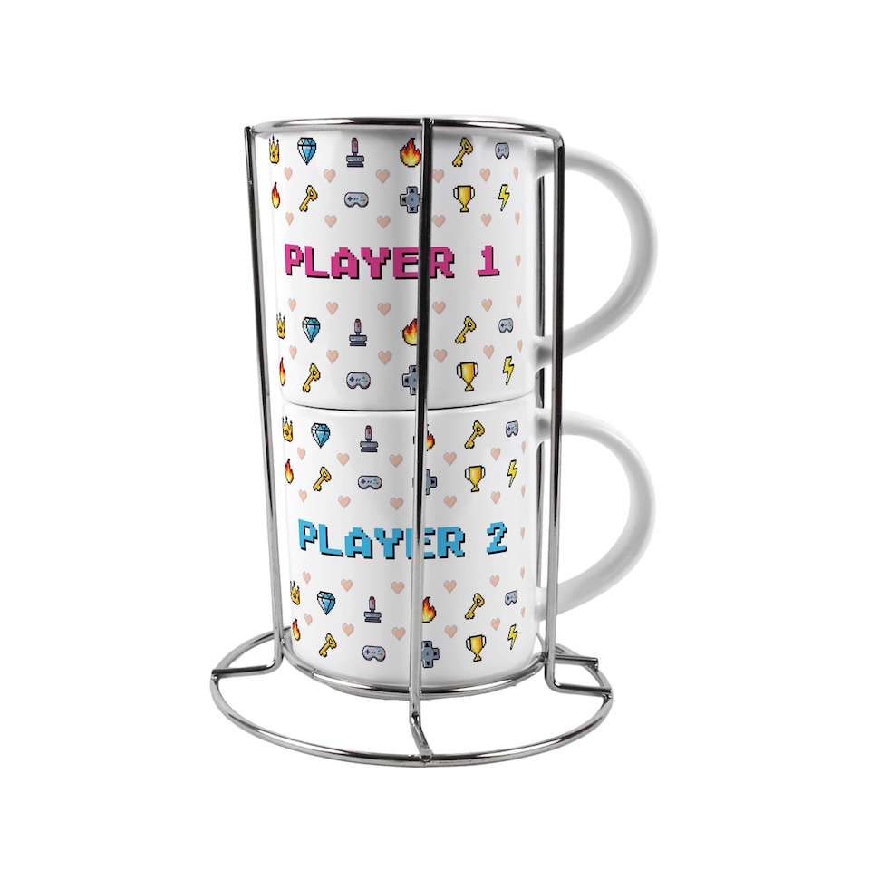 image 1 of Retro Player 1 & Player 2 Stacking Mug Set - Arcade Gaming Drinkware Gift | White