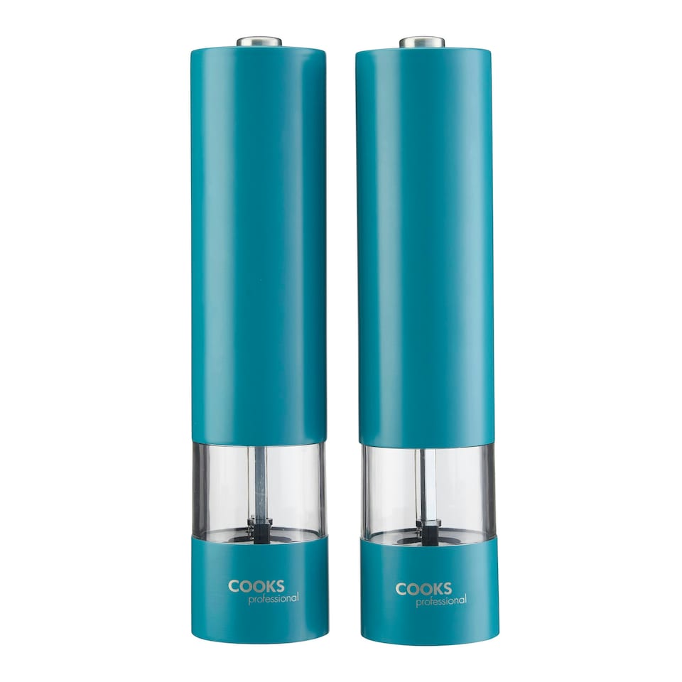 image 1 of Cooks Professional Electric Salt & Pepper Mill Set | Adjustable Grind Settings | Simple One-Button Operation | Teal