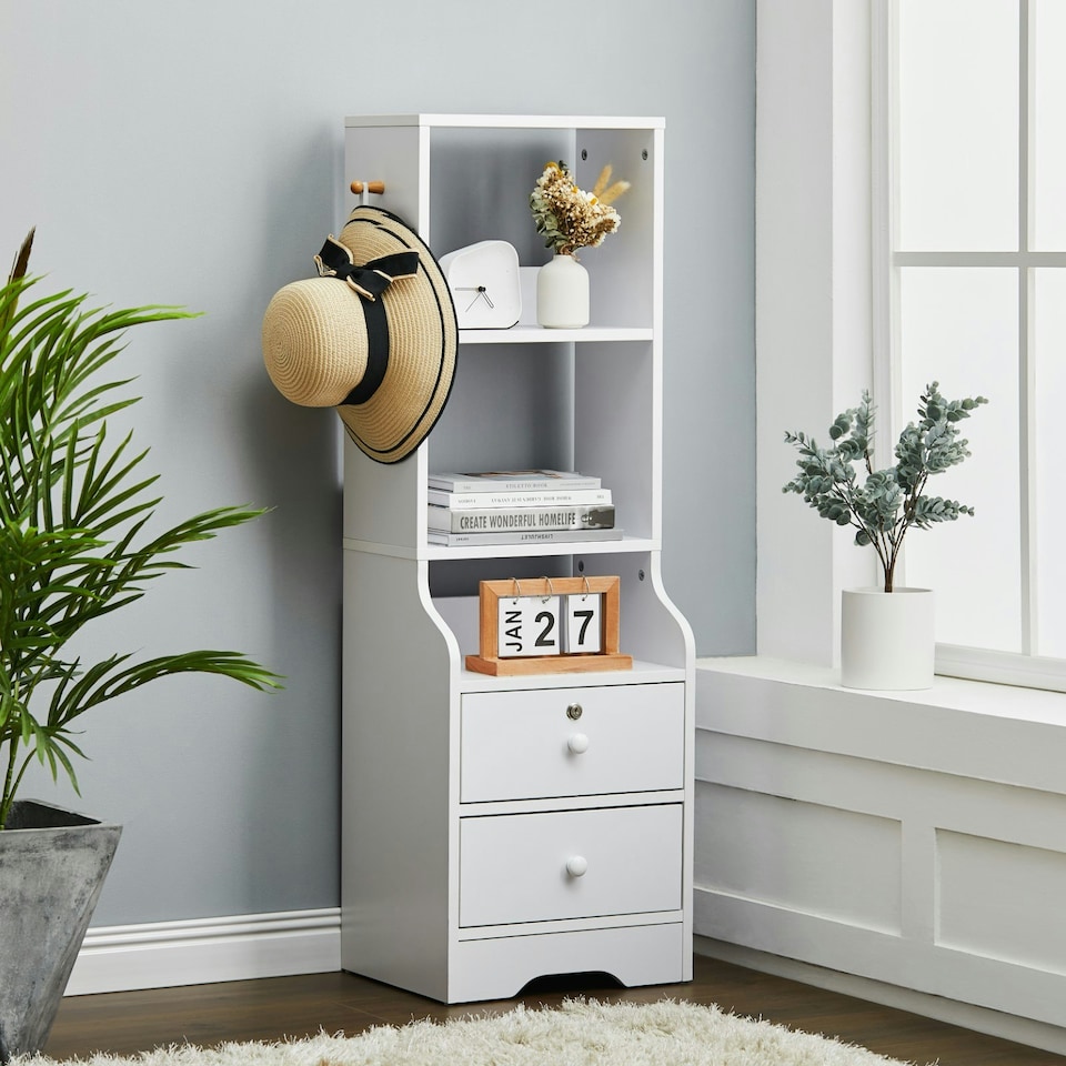 image 1 of Living and Home 3-Tier Slim Storage Shelving Unit with Lockable Drawer - White