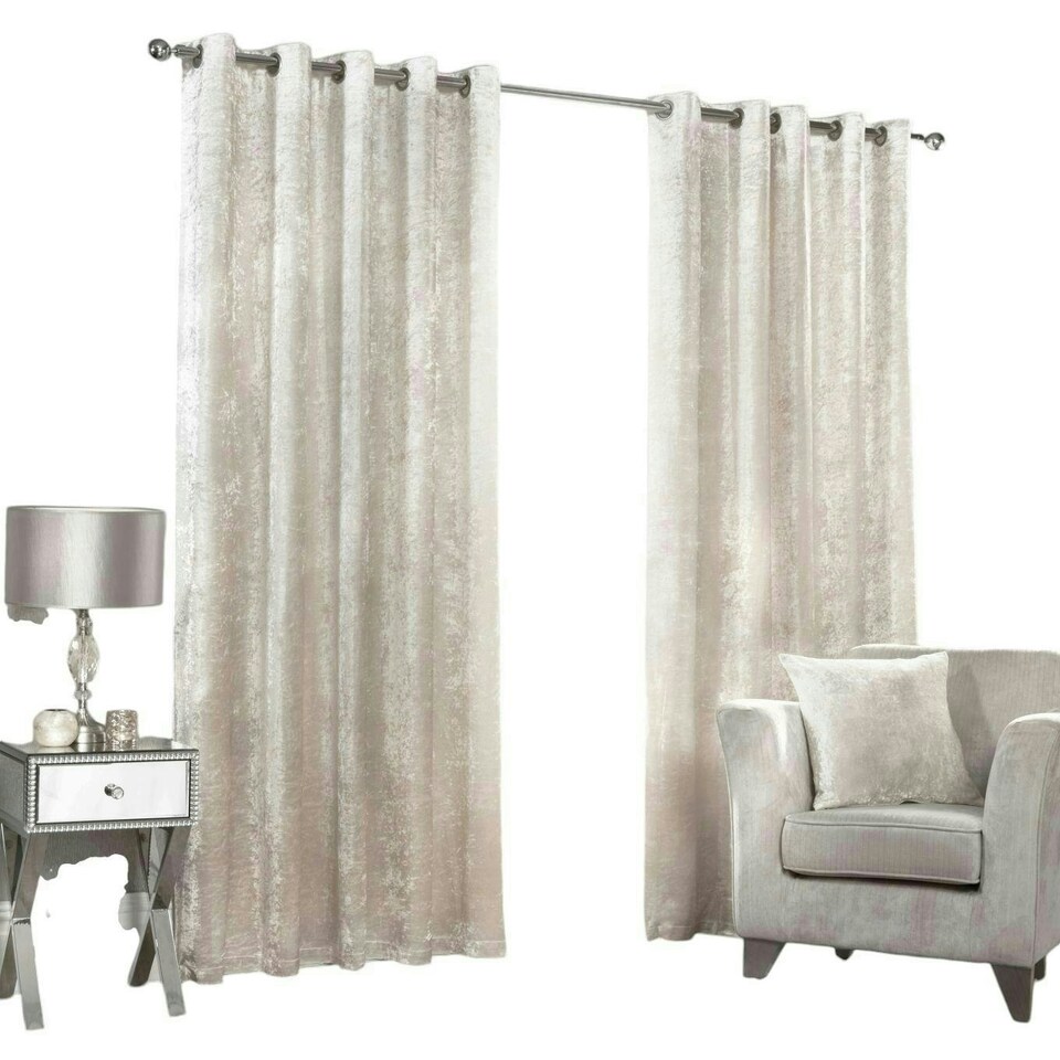 image 1 of Crushed Velvet Eyelet Curtains - Cream - 167 cm x 137 cm