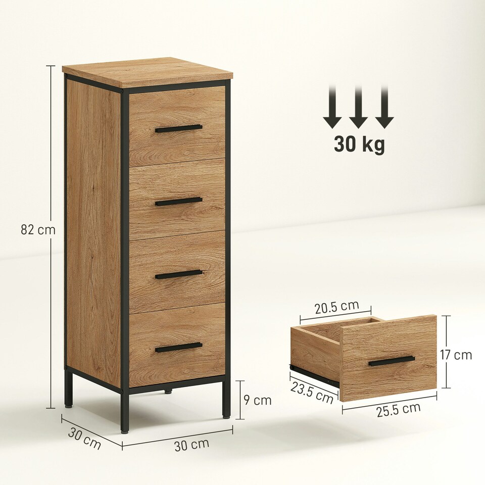 image 1 of HOMCOM Narrow Bathroom Storage Cabinet with 4 Drawers for Small Spaces, Oak Brown | Black