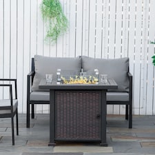 Outsunny Square Propane Gas Fire Pit Table, 50000 BTU Rattan Smokeless Firepit Patio Heater with Glass Screen, Glass Beads and Lid, 81cm x 81cm x 64cm, Black