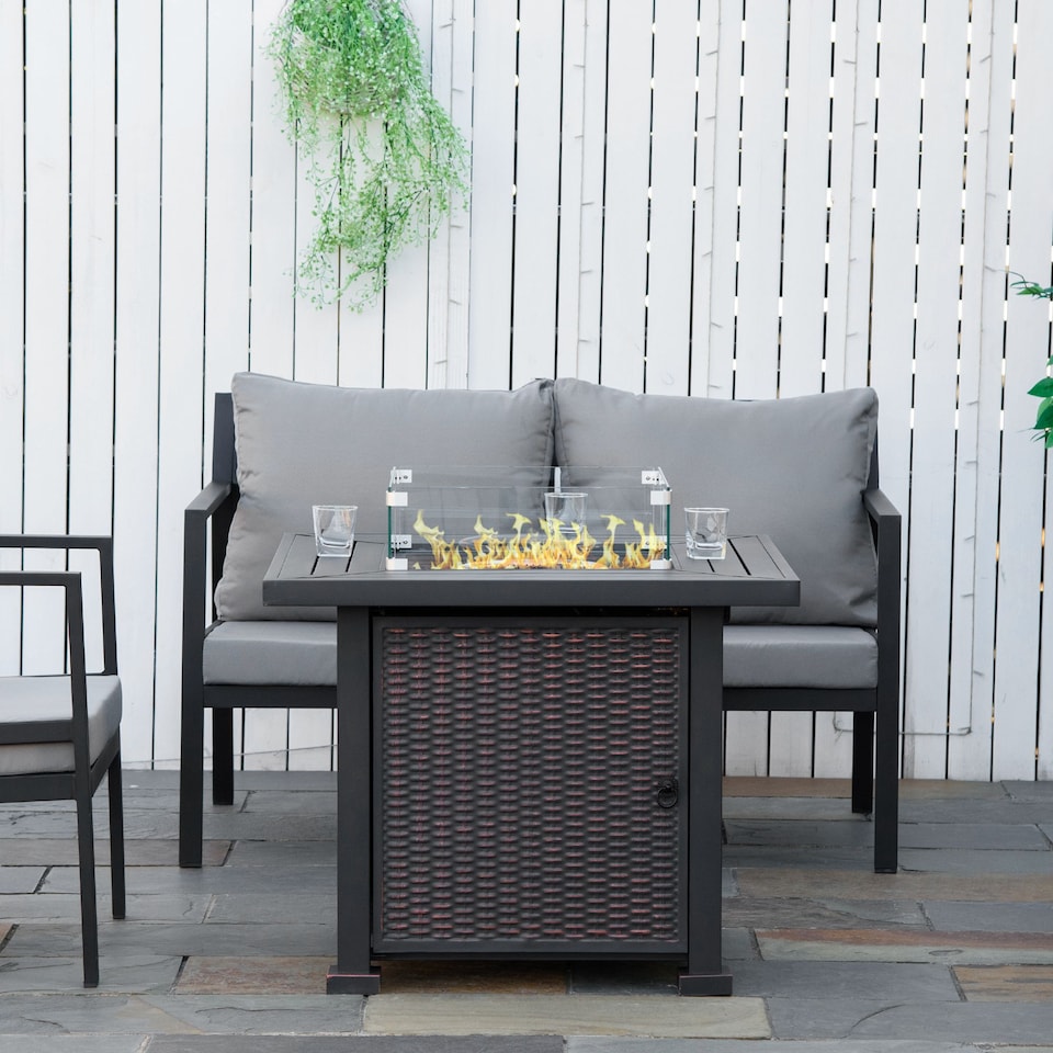 image 1 of Outsunny Square Propane Gas Fire Pit Table, 50000 BTU Rattan Smokeless Firepit Patio Heater with Glass Screen, Glass Beads and Lid, 81cm x 81cm x 64cm, Black