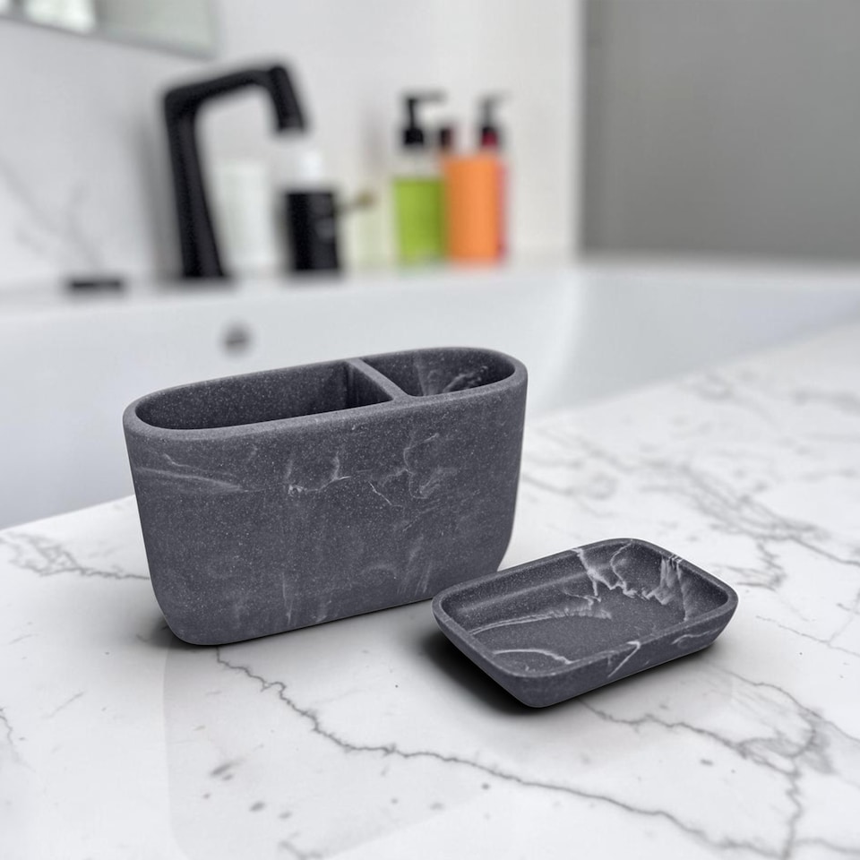image 1 of Showerdrape Octavia Grey Bathroom Accessory Set - Soap Dish & Toothbrush Holder | Grey | Grey | 1