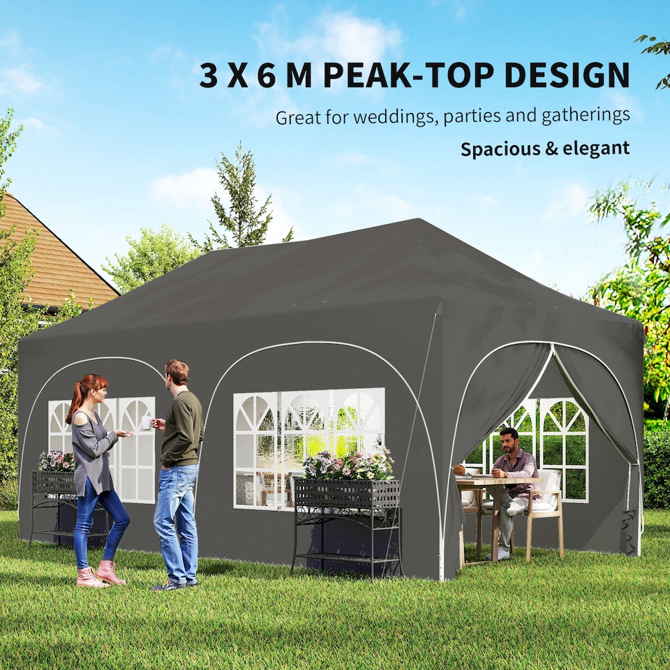image 1 of Outsunny 3 x 6m Pop Up Gazebo with Sides, Peak Top Garden Party Tent Marquee | Grey | Dark Grey | 598 x 300 x 315 cm