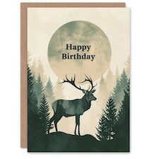 Stag By Full Moon Forest Woodland Abstract Him Birthday Card