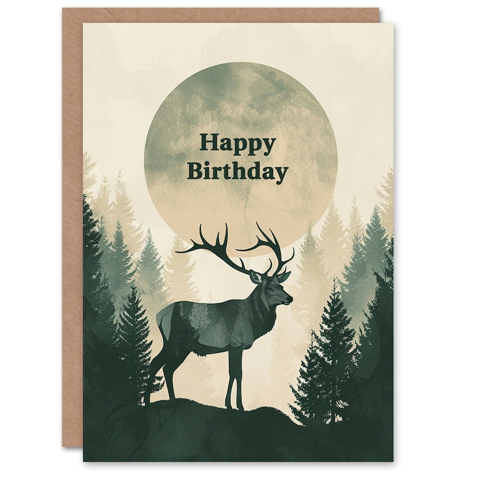 image 1 of Stag By Full Moon Forest Woodland Abstract Him Birthday Card