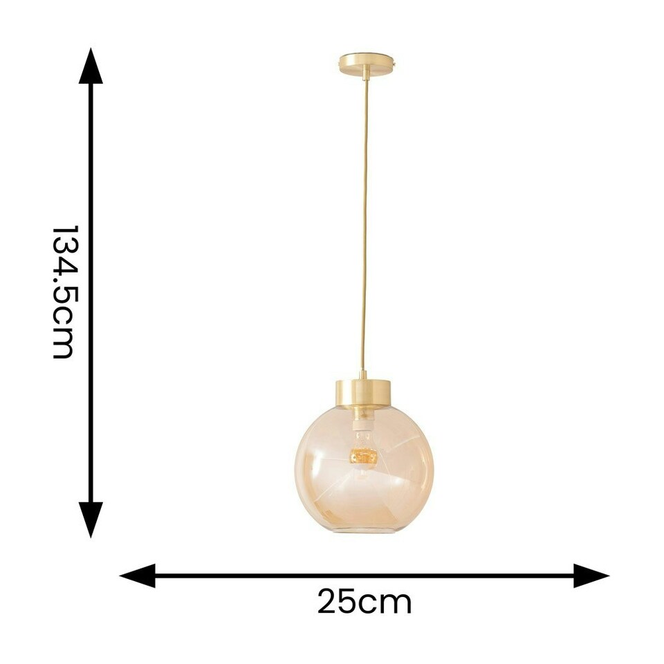 image 1 of ValueLights Bellamy Amber Glass Globe Brushed Gold Capped Ceiling Pendant Light Gold