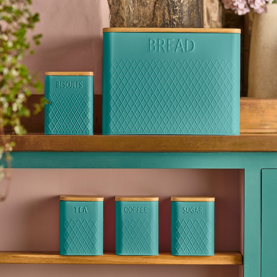 image 1 of Cooks Professional 5 Piece Square Kitchen Storage Cannister Set with Bamboo Lids | Blue | Teal