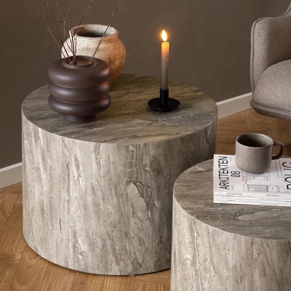 image 1 of Dice Round Coffee Table Set in Grey Marble
