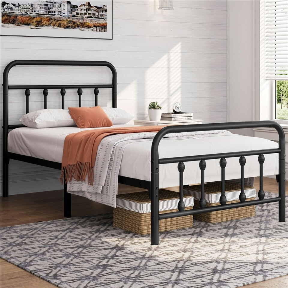 image 1 of Yaheetech 3ft Single Vintage Iron Platform Bed with High Headboard Black