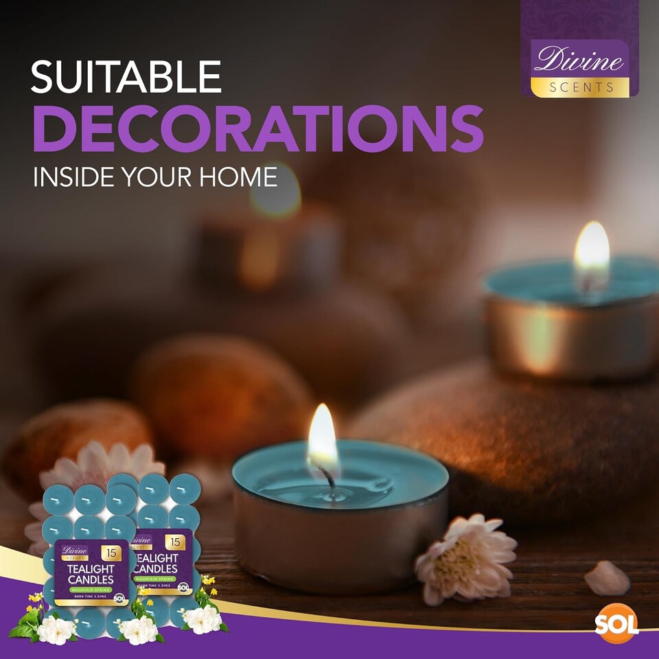 image 1 of 60pk Mountain Spring Scented Tealight Candles – 3.5hr Burn, Refreshing Fragrance for Home, Relaxation, Weddings & Cosy Evenings