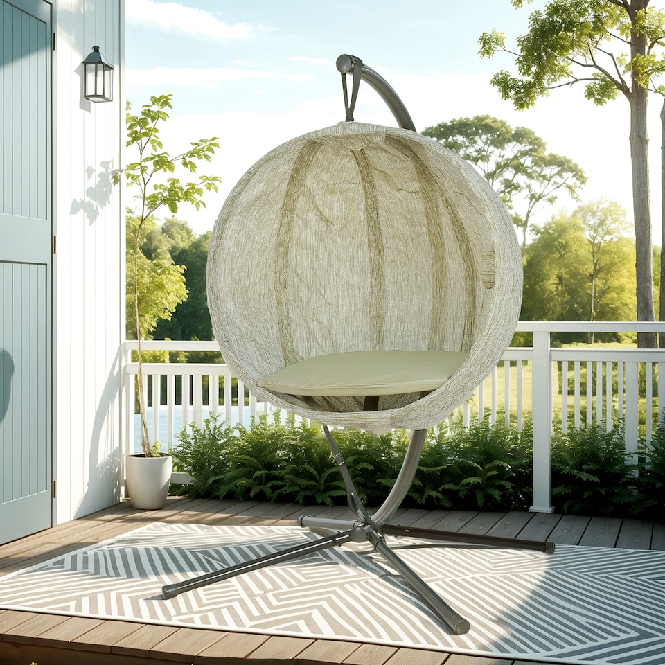 image 1 of Outsunny Hanging Egg Chair Outdoor Indoor Garden Swing Chair with Folding Basket, Thickened Cushion, Cup Holder for Patio, Balcony, Khaki | Brown | Khaki