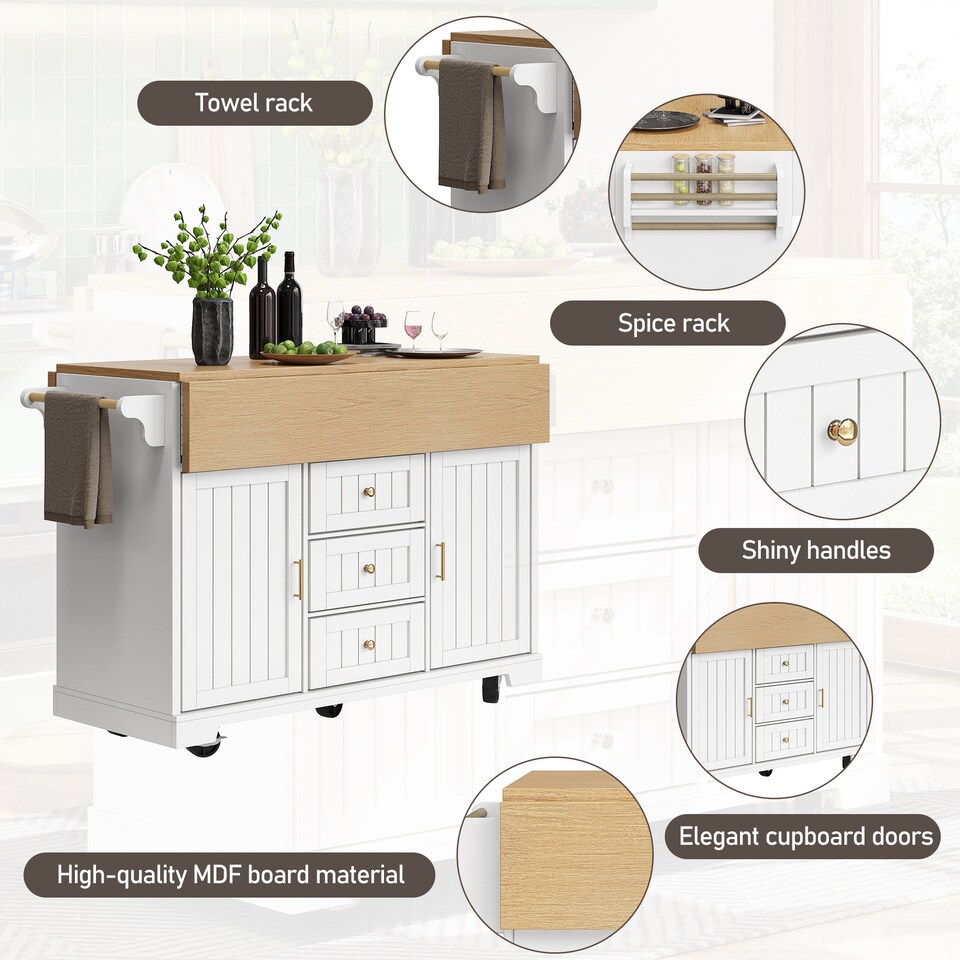 image 1 of VILUXE Kitchen island, cabinet, sideboard 120 x 40 (80) x 95 cm, extendable kitchen trolley with casters, extendable on both sides, with towel rail and spice rack, two doors, three drawers, black/white