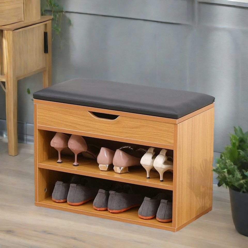 image 1 of Wooden Shoe Storage Bench With Cushioned Seat 60CM Brown