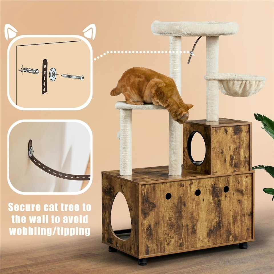 image 1 of Yaheetech Litter Box Enclosure with Cat Tree Tower Brown | Rustic Brown/Beige | One Size