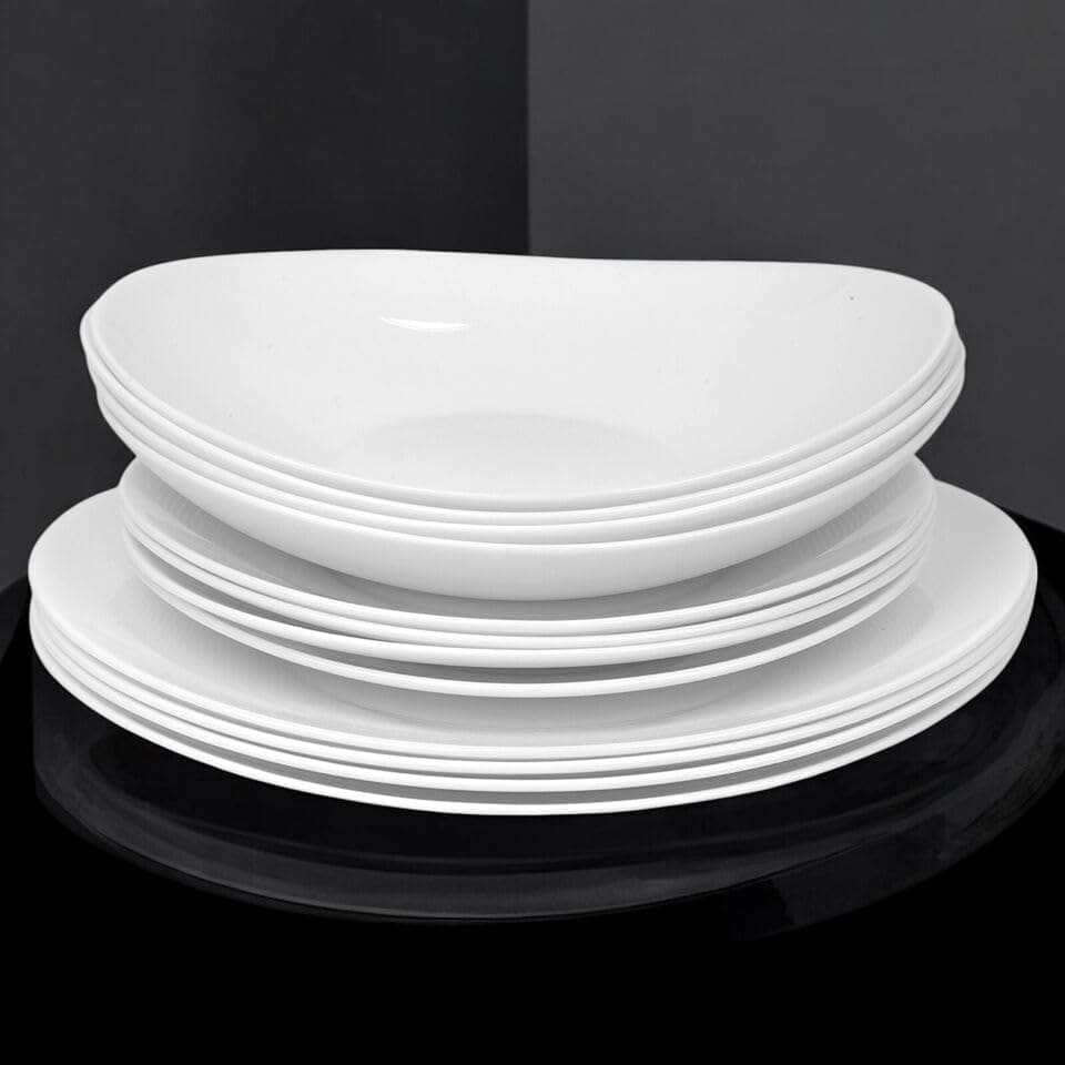 image 1 of White Opal Glass Dinner Set Plates Soup Bowls Dinnerware | White | Venice Boat - 24 Pcs | 24